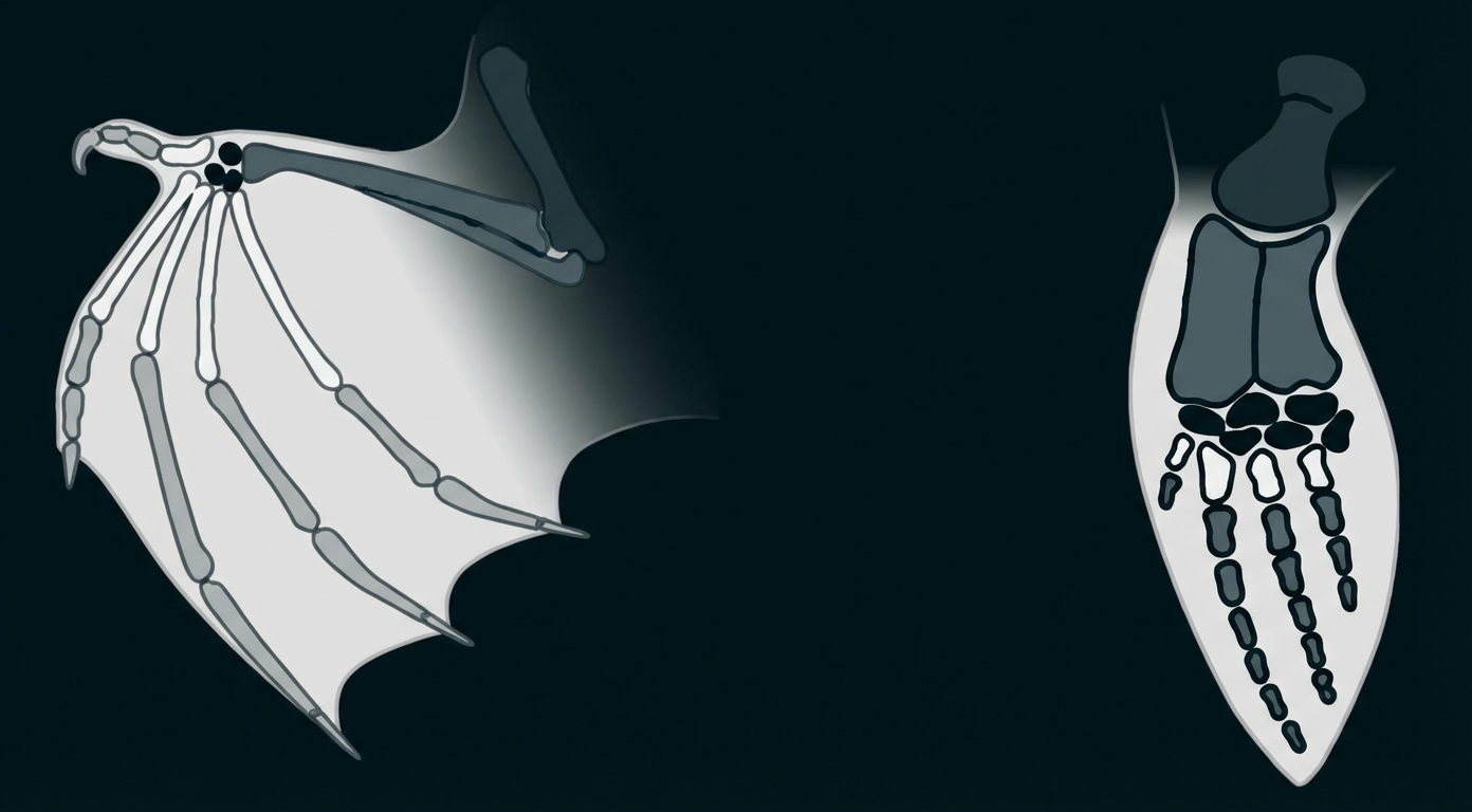 Schematische Darstellung: Skelett eines Fledermausflügels links und eines Vogelflügels rechts